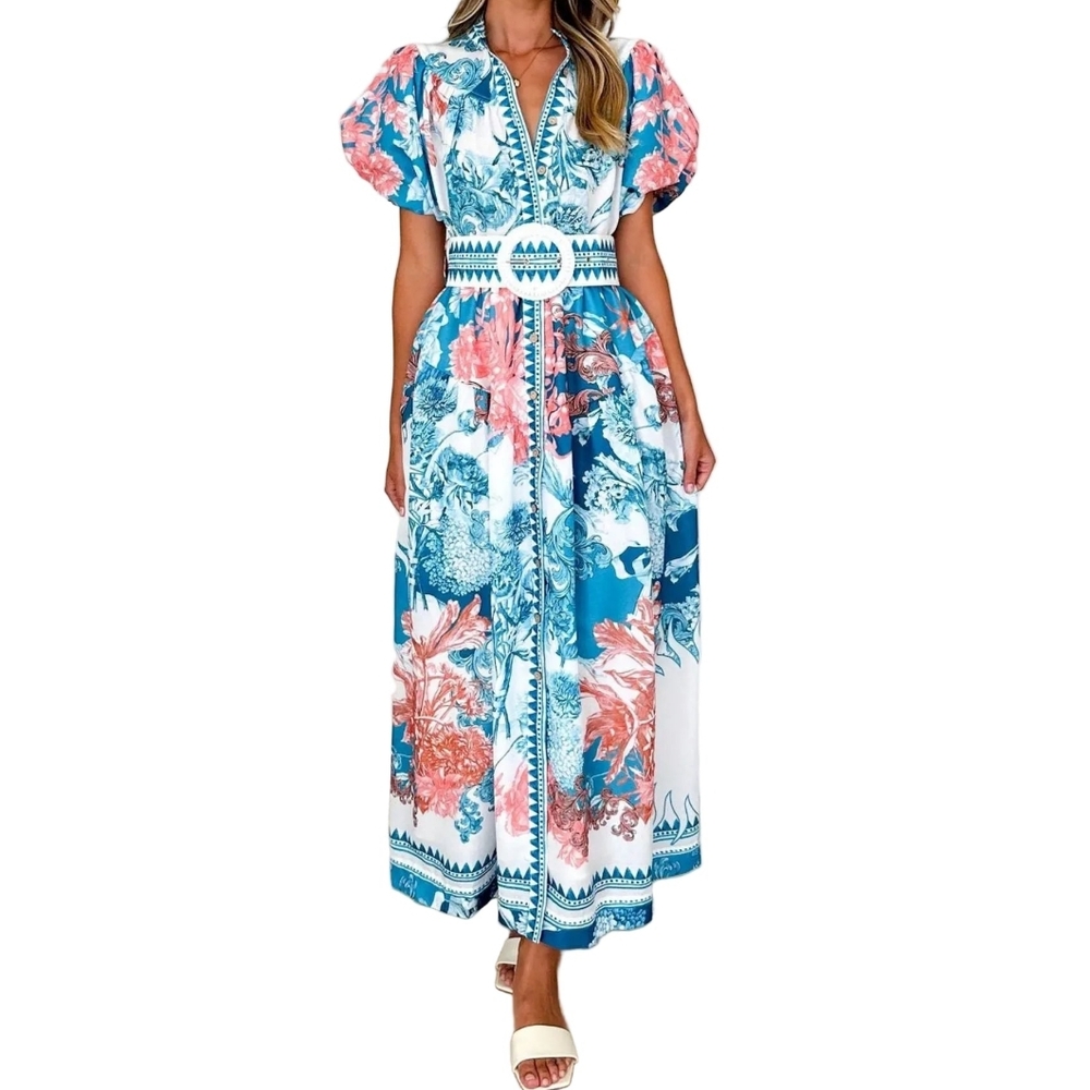 Garden Floral Button-Up Mock Neck Puff Sleeve Wide Belt Slit Front Maxi Dress - Picture 6 of 12
